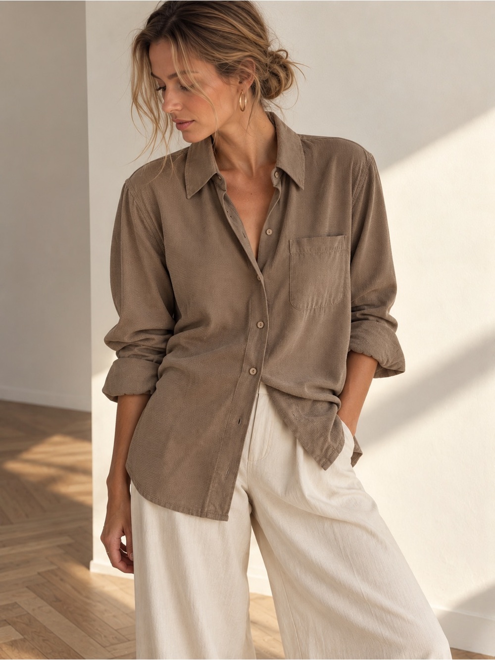 Vintage SilkWear 100% Sandwashed Waffle Silk Button-Up Shirt Taupe